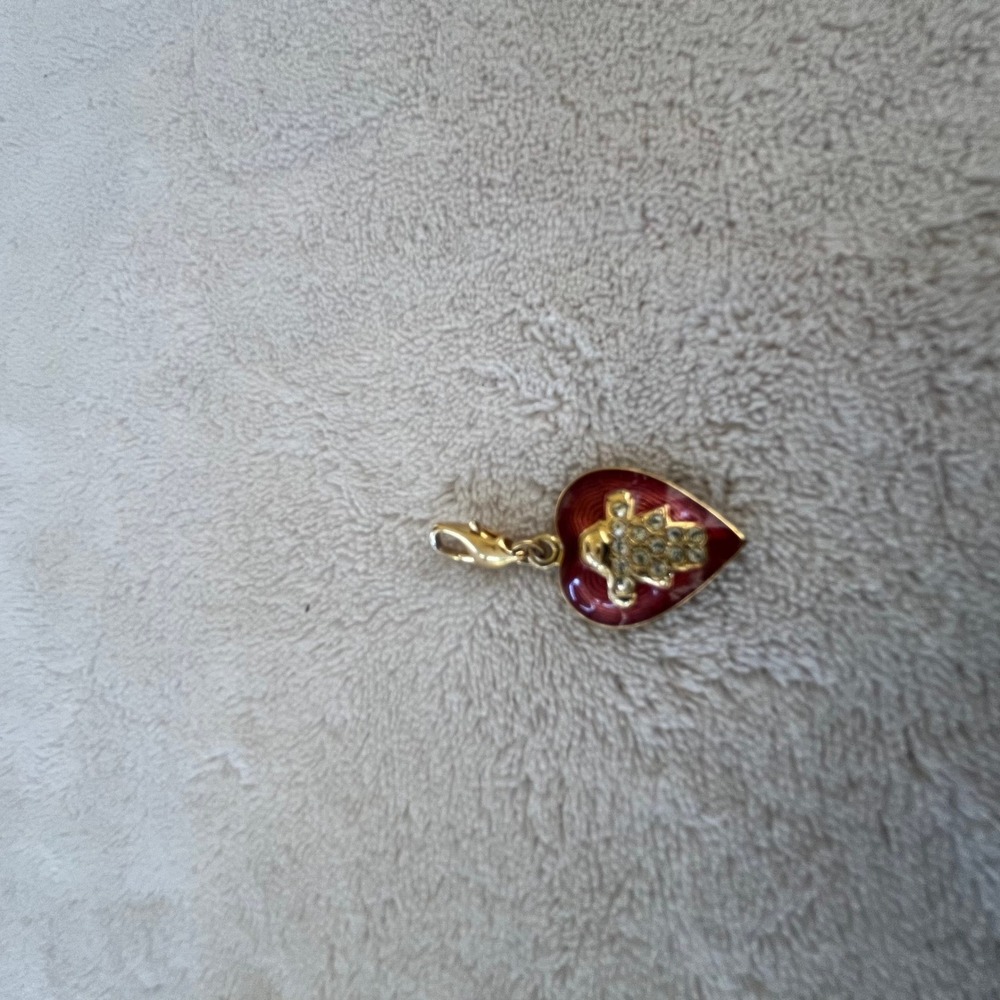 Red Enamel Heart Charm Gold Tone Teddy Bear Rhinestone Lobster Clasp‎ Pendant